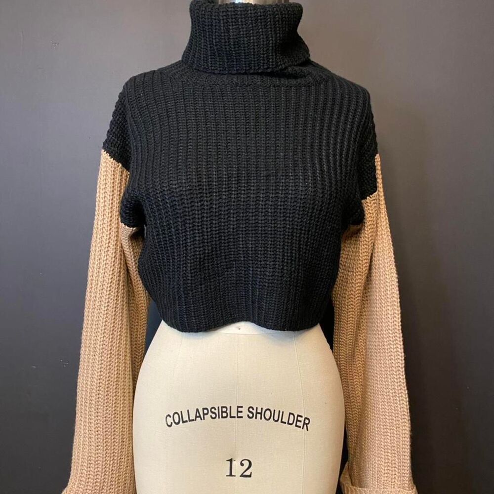 She + Sky Tan and Black Midriff Sweater